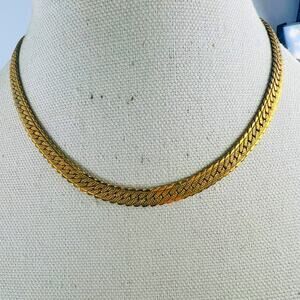 Vintage Monet Gold Tone 7mm Herringbone Chain Necklace 16" Choker Collar